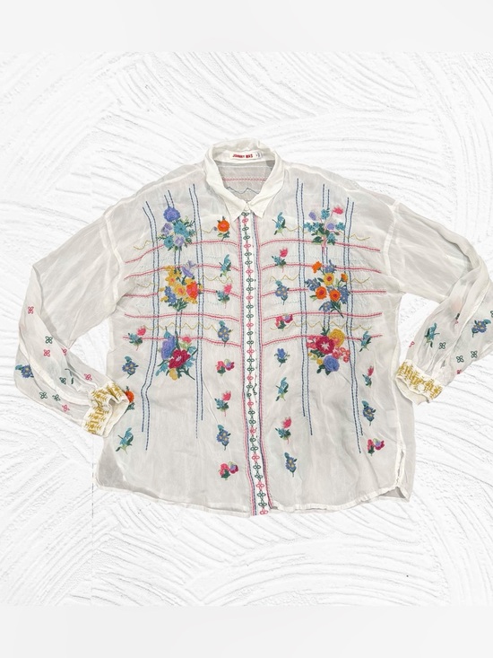 Johnny Was Tops - Johnny Was Renn Blouse Medium White Heavy embroidery Floral Long Sleeve Rayon